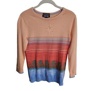 Lands' End Supima Cotton Unique Striped Tree Pattern 3/4 Sleeve Sweater Size XS